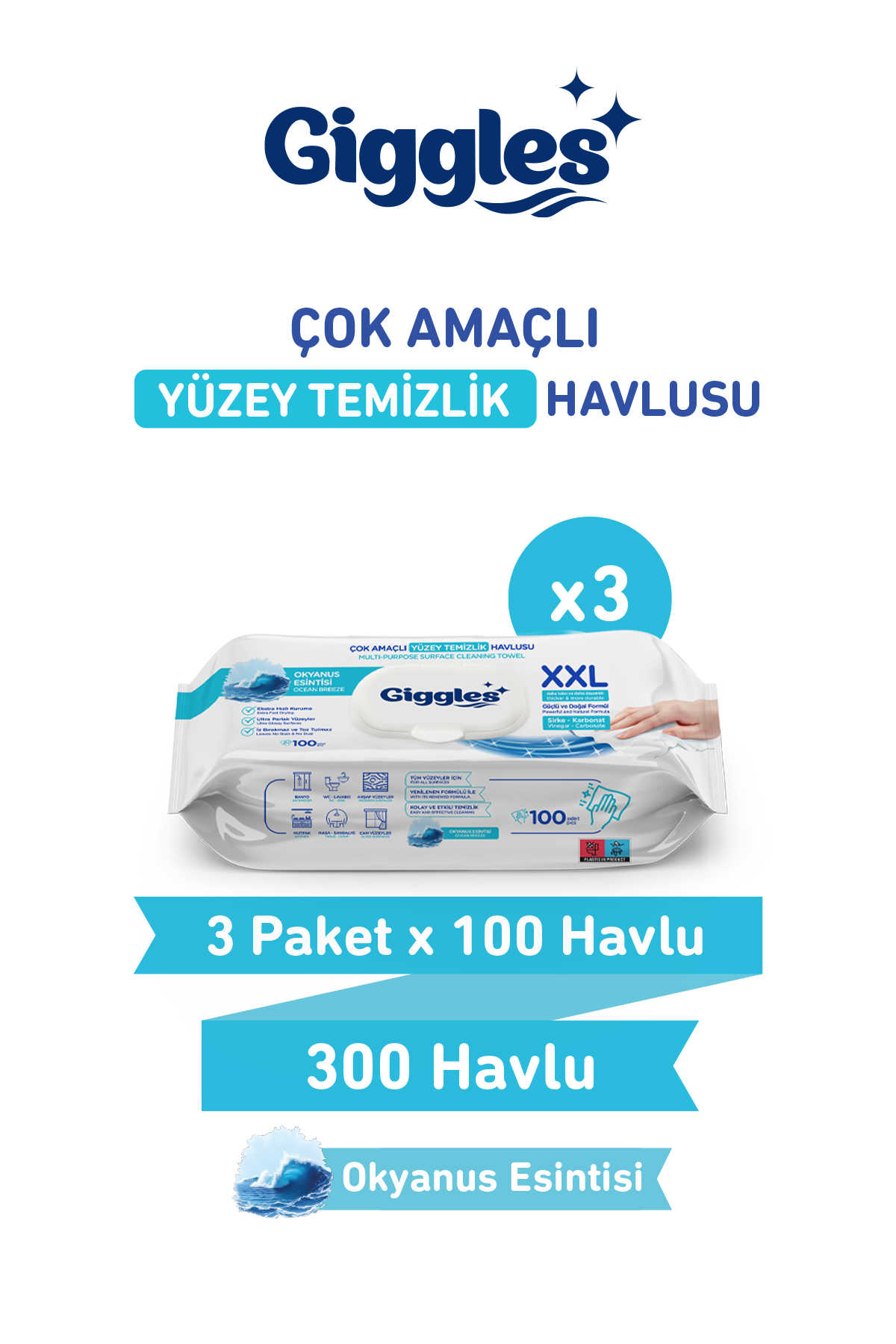 Giggles XXL İz Bırakmayan Yüzey Temizlik Havlusu - (Okyanus Esintisi) 300 Yaprak